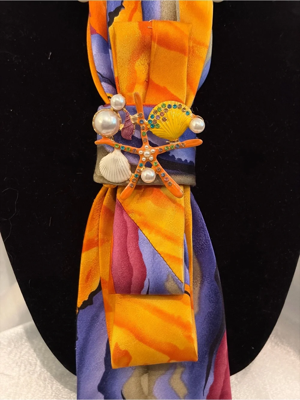 J. Garcia Vibrant Orange and Purple Abstract Silk Tie Necklace